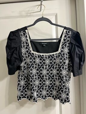 Lea & Viola Black Top with White Floral Crochet Overlay